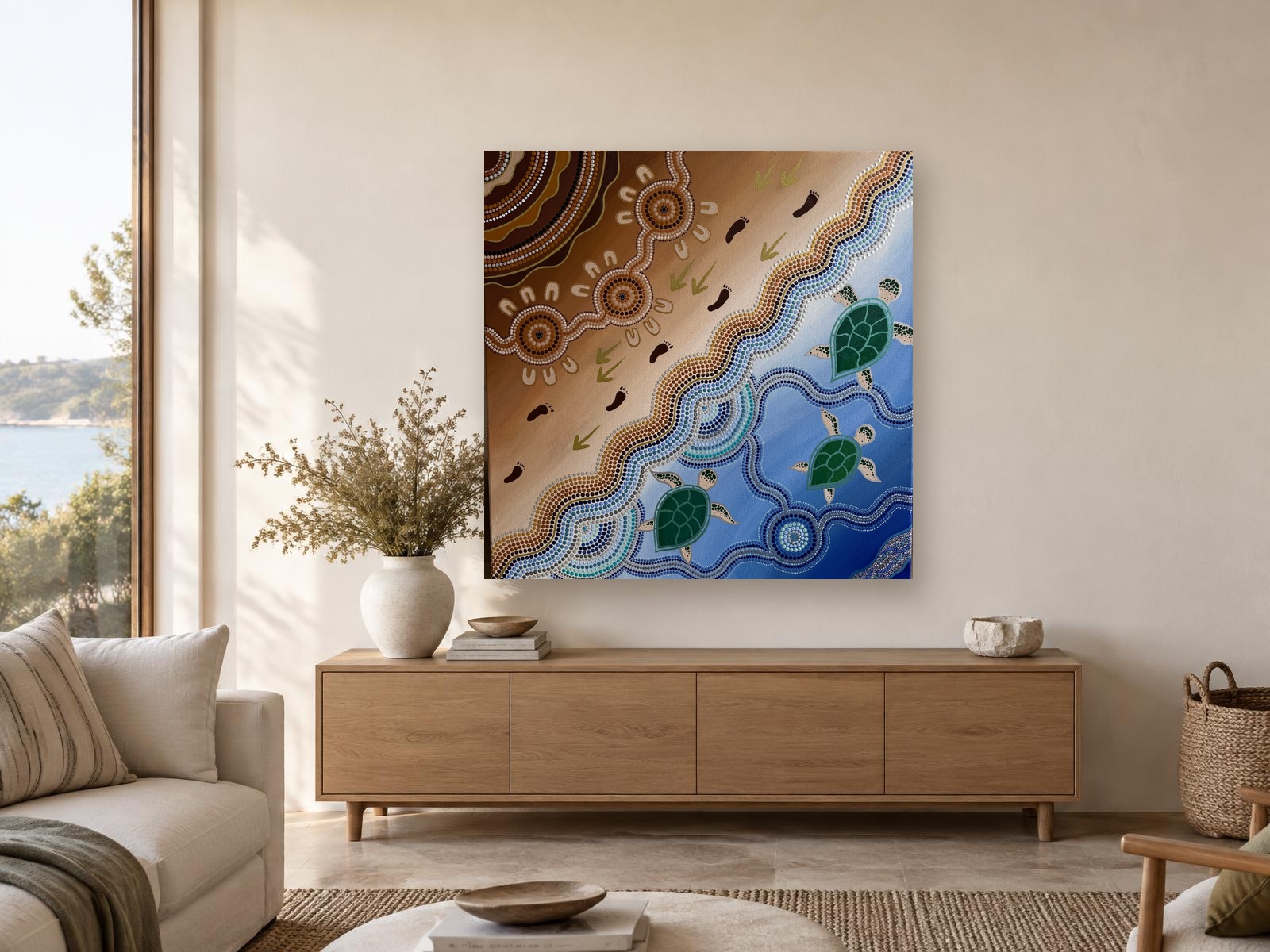 Digital room mockup showing the three-turtle painting on a lounge room wall