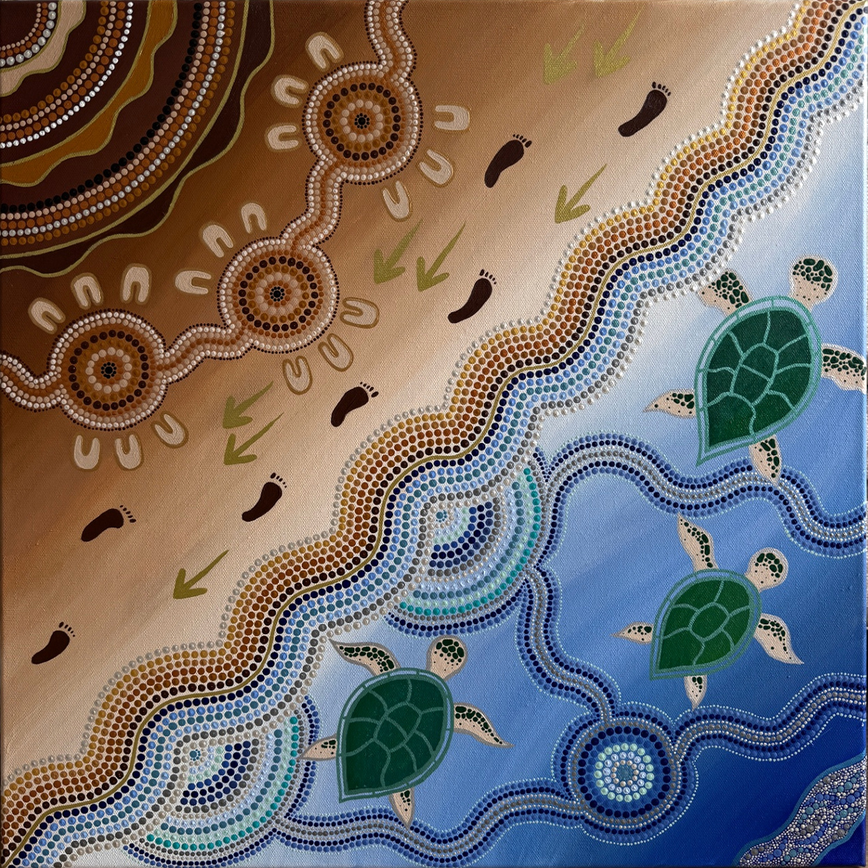 Shayna’s painting of three turtles swimming beside a dotted coastline